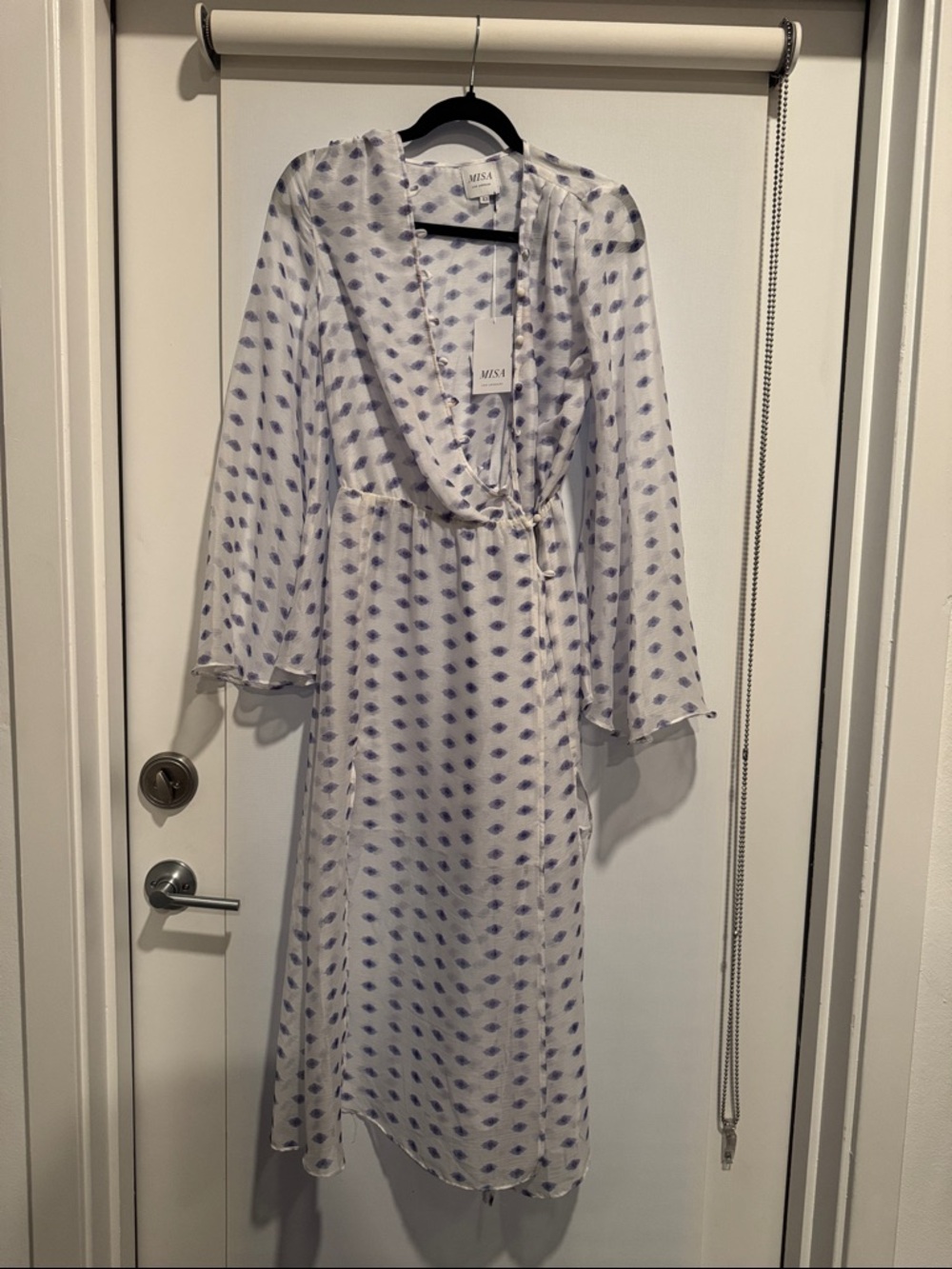 Misa Los Angeles White Maxi Dress with Lavender Dot Print